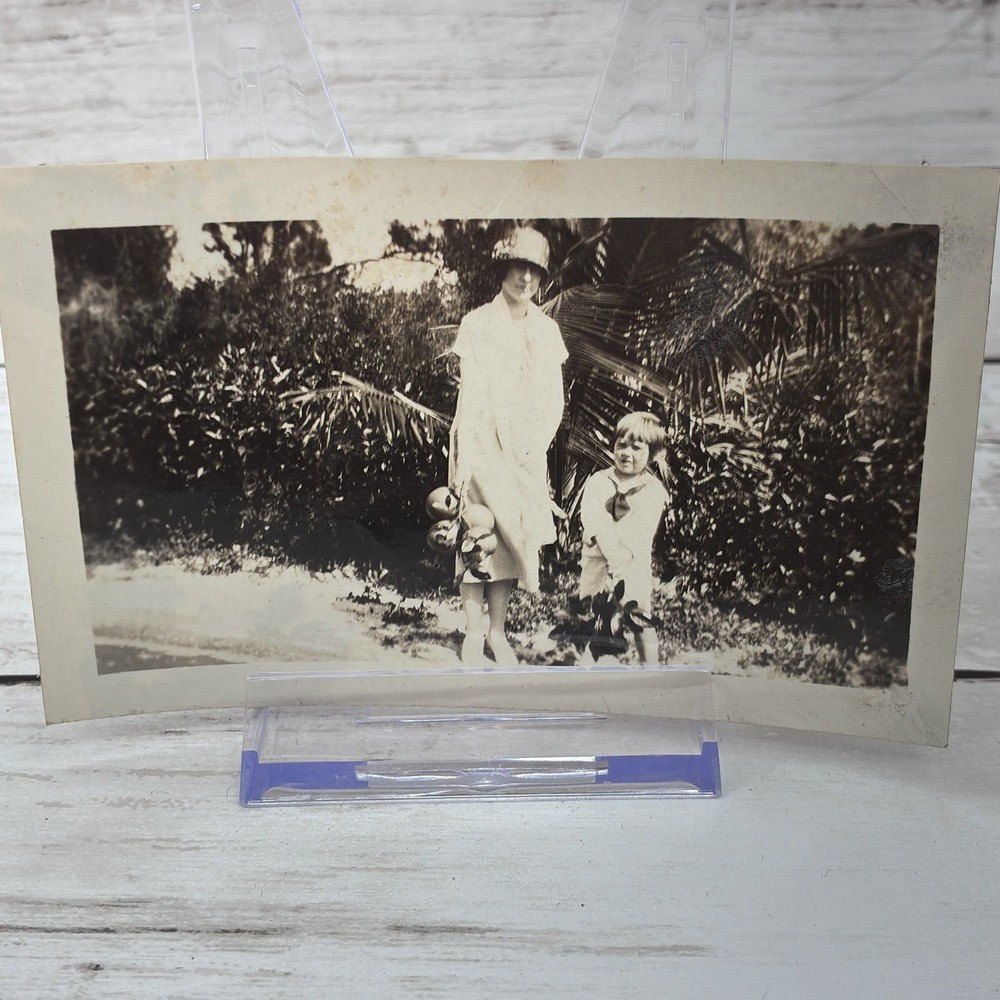 Vintage Snapshot Photo 1920s Woman & Child with Coconuts Tropical Background